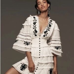 Anthropologie Embroidered V-Neck Ruffled Mini Dress Large Color:White NWT